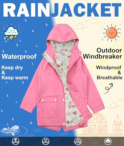 Image of maoo garden Girls Rain Jackets Kids Waterproof Raincoat Lightweight Floral Lining Spring Windbreaker