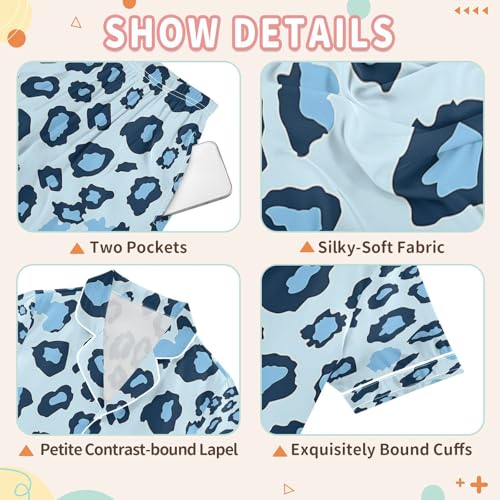 Satin Pajama Sets Short Sleeve Leopard Prints Light Blue Button Down Silky Nightwear 2 Piece PJS 5-14Y3