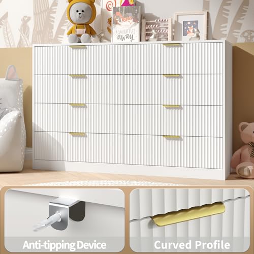 Image of White Fluted Dresser Bedroom with 8 Drawer,55 inch Wide White Double Drawer Dresser Modern Chest of Drawers with Gold Handles,Wood TV Stand for Bedroom,Living Room