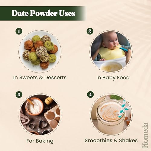 Image of Homeda Dates Powder Organic for Kids, Baby, Adults (200g), Dry Date Sugar Natural, Kharik Powder, Khajur Seed without Sugar, 100% Natural Sweetener, No Preservatives