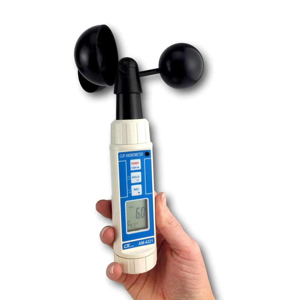 Anemometro a coppette digitale Lutron AM-4221 con misurazione della temperatura, 0,9–35,0 m/s, funzioni MAX/MIN, data logger a 100 punti, Data Hold e display LCD IP65