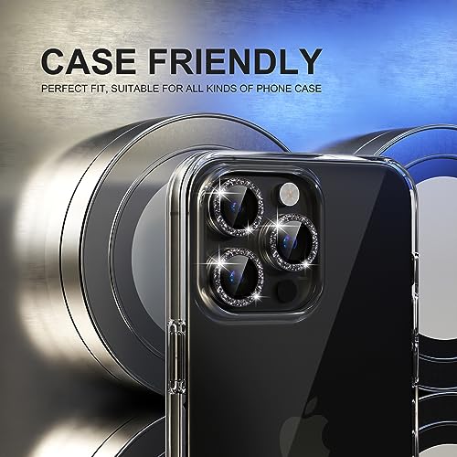 Image of Choiche Compatible for iPhone 15 Pro /iPhone 15 Pro Max Camera Lens Protector Bling, 9H Tempered Glass Camera Cover Screen Protector Metal Ring Decoration Accessories (Glitter-Black)