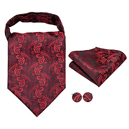 Image of Hi-Tie Silk Ascot for Men Self Tie Men's Cravat and Flower Lapel Pin Handkerchief Cufflinks Set for Wedding Party