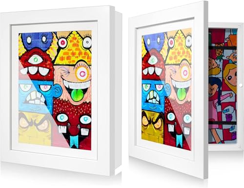 Litimkat Marcos de fotos artísticos de 2 piezas para niños Marco de fotos de madera con apertura frontal A4, ideal para almacenar y exhibir dibujos y obras de arte infantiles (Blanco)