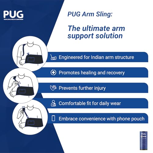 Image of PUG Arm Sling, Designed for compliance at 90 degrees for optimal recovery, With Airmesh Technology, Double and elongated pad cushion for extra care, Ergonomically designed for Indian Arm, With additional pouch to carry mobile