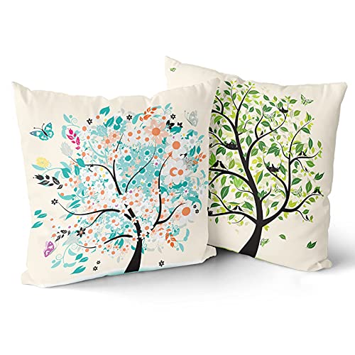 Giwawa 2pcs Tree and Bird Pillowcase Colorful Throw Pillows for Couch Tree and Butterfly Pillowcase Tree of Life Throw Pillow Cover Double-Sided Printing Suitable for Home Outdoor Decoration
