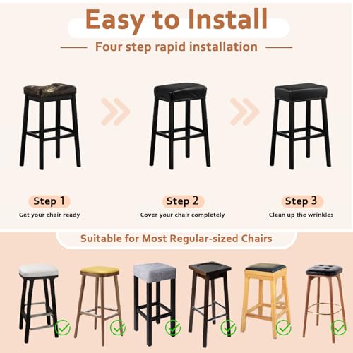 Image of PU Leather Bar Stool Covers Rectangular, 100% Waterproof Stool Covers Rectangle Super Stretch 20% Thicker Leather Saddle Stools Cover Rectangular Counter Bar Stools with Elastic Band (4 PCS, Black)