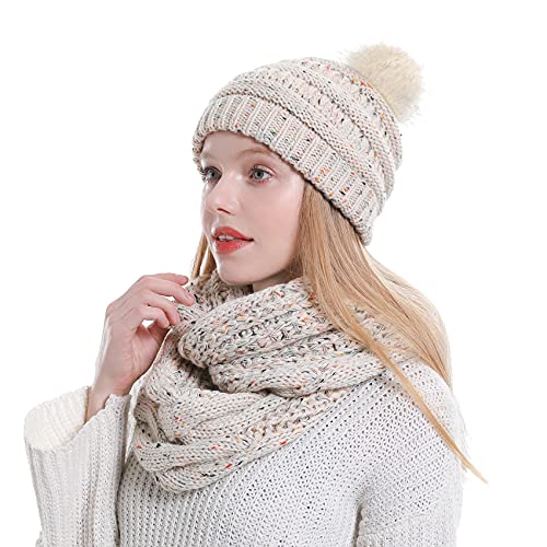 Womens Scarf Beanie Hat With Faux Fur Ball Set Thick Winter Cable Knitted Circle Loop Infinity Scarfs For Women (Mix Beige Pom Pom Set) #TOP10