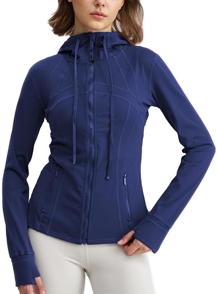 Womens Yoga Clothes Hooded Workout Sports Jacket Slim Fit Long Sleeved Thumb Holes Outdoor Casual Top