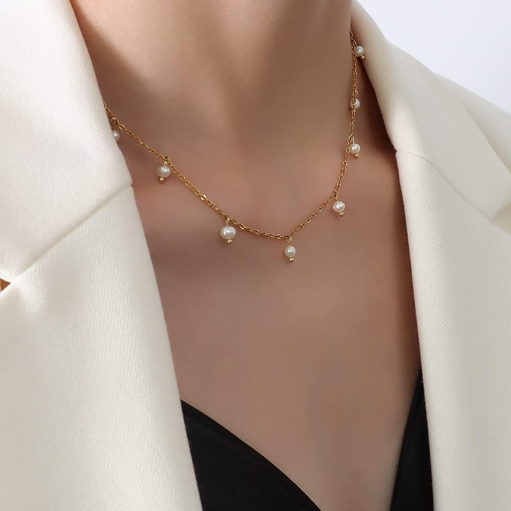 18K Gold Plated Vintage Freshwater Pearl Necklace - Elegance Adjustable Titanium Steel Layering Chain Jewelry For Women - Image 4