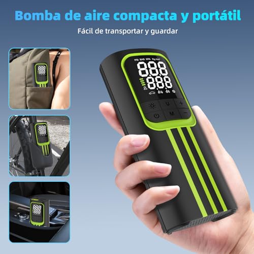 Compresor Aire Portatil, Inflador Ruedas Coche 150 PSI Inalámbrico, Batería Recargable con Pantalla Digital y Luz LED, Modos Automáticos de Inflado, para Coche, Moto, Bicicleta y Pelotas,Negro y verde - imagen 7