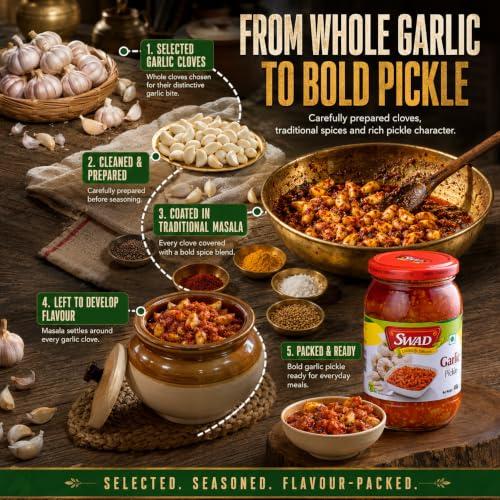 Image of SWAD Traditional Garlic Pickle Pack of 2 x 400g | Homemade Lahsun Achar | Authentic Indian Pickle | Spicy Garlic Condiment | Natural Ingredients | Ready to Eat