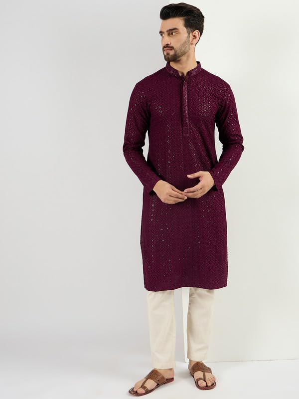 Image of Men's Solid Embroidered Long Straight Kurta | Men's Kurta | Embroidered Chikankari Kurta for Men | Straight Fit Kurta for Men