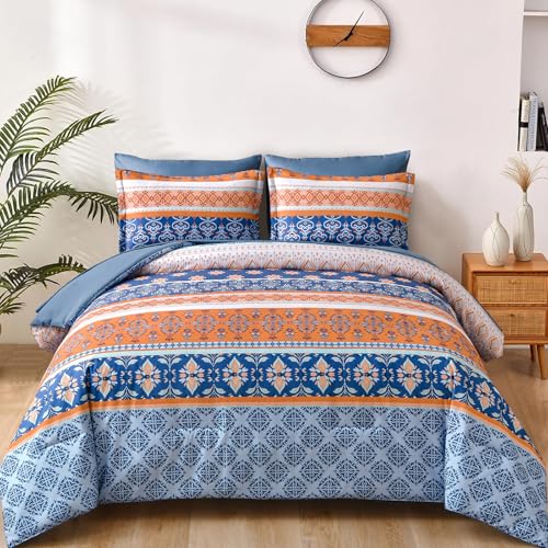 WONGS BEDDING Boho Comforter Set King, Blue and Orange Bedding Set 7 Pieces Bed in a Bag Bohemian Striped Bedding Comforter Sets Soft Microfiber Comfortet and Sheet Set for All Season