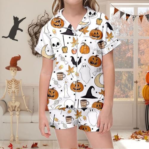 Girls Satin Silk Halloween 𝙋𝙖𝙟𝙖ma Set Pumpkin 𝙎𝙡𝙚𝙚𝙥wears Button Up Spooky Ghost Season 𝙇𝙤𝙪𝙣𝙜ewear with Pockets2