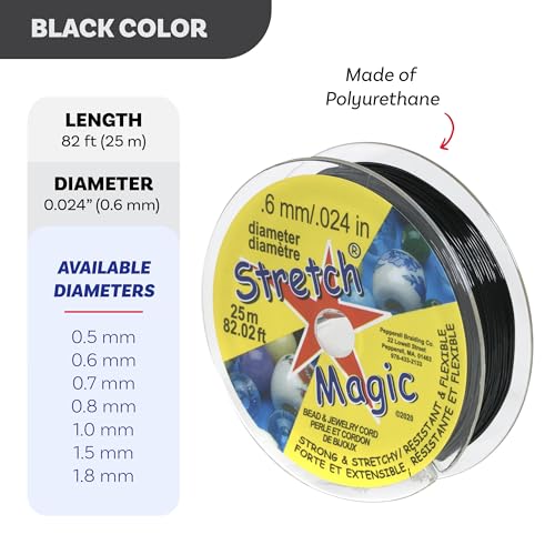 Image of Stretch Magic Elastic Beading Cord - Black Color, 0.6mm in Diameter, 25-Meter (82 ft) - Easy to Knot, Strong & Stretchy String for Making Beaded Jewelry