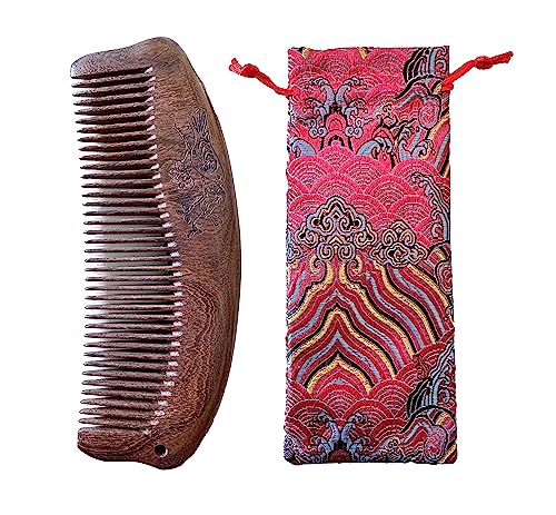 Peigne en bois d'ébène Vert 100% Naturel,Santal Manuel,Fait à la Main,Anti-Statique,masser le cuir chevelu,offrir un joli sac en tissu pour l'emballage.(Style 1)