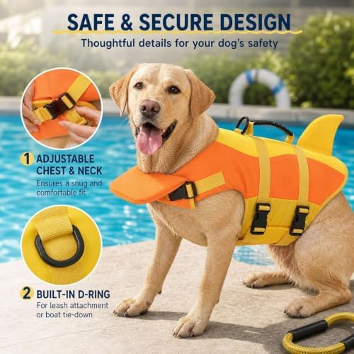 Shark Dog Life Jacket with Chin Float, High Buoyancy Dog Life Vest with Head Support & Rescue Handle, Adjustable Reflective Puppy Swimming Vest for Small Medium Large Dogs (Yellow,X-Small) — view 3