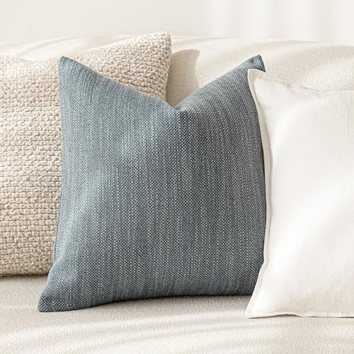 Image of Foindtower Set of 2 Decorative Textured Burlap Linen Throw Pillow Covers Farmhouse Boho Cushion Cover Solid Accent Pillowcase for Couch Sofa Bed Living Room Home Decor, 24x24 Inch,Blue Gray