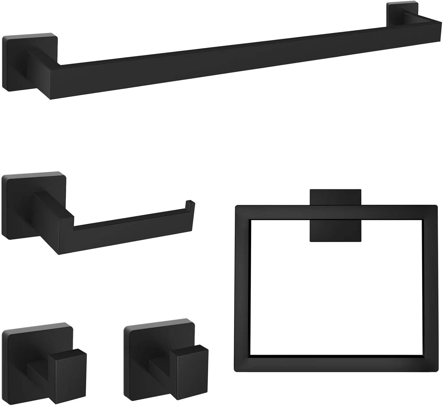 23.6 in Bathroom Hardware Set, 5 Piece Matte Black Stainless Steel Hardware Set, Include Towel Rack, Towel Ring, Toilet Paper Holder, 2 Robe Towel Hooks, Bathroom Accessory kit 23.6IN
