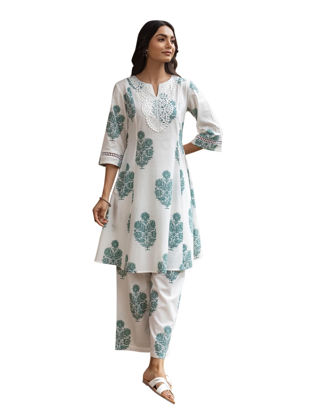 fiorra Women's White Cotton Flared Kurta Set-picture-44