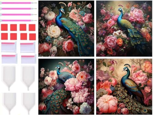 Peinture diamant fleur de paon 5D lot de 4 kits complets 40x40cm T-8342