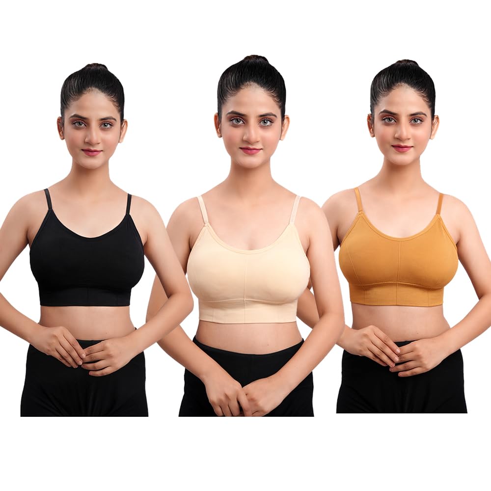 texello Women's Cotton Wire-Free Full Coverage Lightly Padded Sports Bra - Comfortable & Supportive Everyday Wear - Pack of 3 (Size- 34, Black, Yellow, Beige)-picture-56