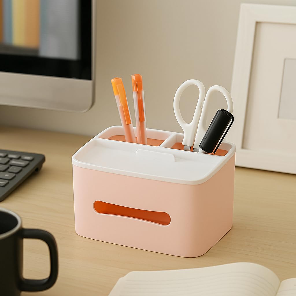 ILU Organizer da tavolo multifunzione con dispenser di fazzoletti, portaoggetti da scrivania con scomparti per cancelleria, accessori ed essenziali, 1 pezzo, rosa