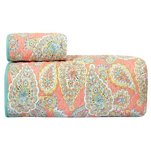 Image of ROYALE LINENS Twin Size 2 pc Quilt Set - Soft Lightweight 100% Microfiber Quilted Set - Printed Bedspread - Quilted Blanket Thin Comforter - Bedding Coverlets for All Seasons (Multi, 1 Quilt- 1 Sham)