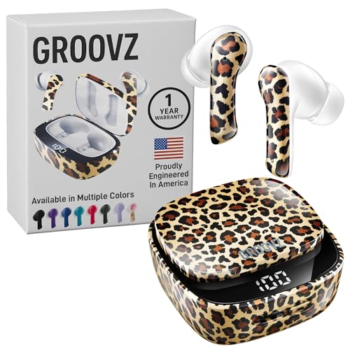 Groovz True Wireless Earbuds with Charging Case - Designed and Engineered in the USA - IPx4 Water Resistant Bluetooth Earbuds Compatible with Apple & Android - 27Hr Battery - Dual Microphone - Leopard