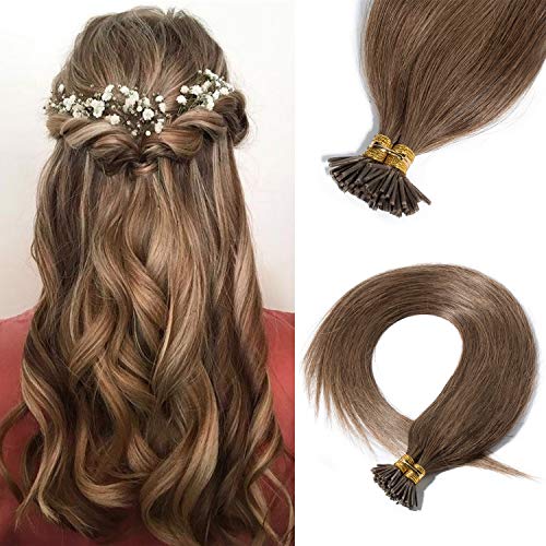 S-noilite 100 Strands Keratin I Tip Human Hair Extensions 22inch 50g Pre Bonded Cold Fusion Hairpieces for Women #6 Light Brown