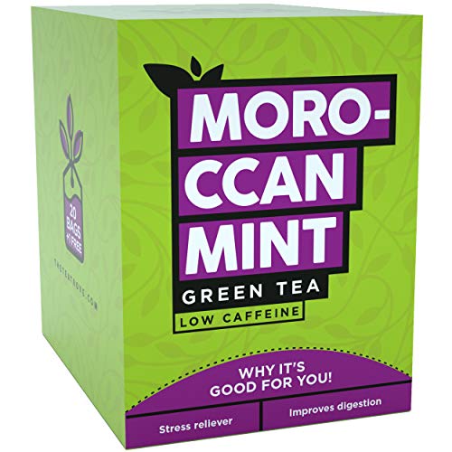 The Tea Trove Moroccan Mint Tea Bags | Green Tea Blended with NATURAL Chamomile Spearmint and Peppermint for Destress and Digestion | Steep as Hot Tea or Iced | Medium Caffeine (20 Bags+ 1 Bag Free)