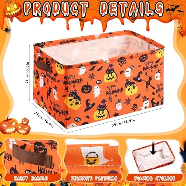 Boao 3 Pack Halloween Ghost Basket with Handles Collapsible Large Canvas Storage Baskets Boo Spooky Skull Pumpkin Cat Foldable Storage Box Organizer Bins for Trick or Treat Gifts Bedroom Home Office