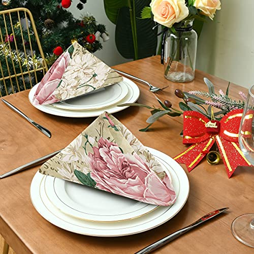 Vintage Shabby Chic Pink Rose Cloth Napkin Flowers Dinner Table Napkins Washable Polyester Napkins For Banquet Wedding Party Festival 20 X 20 Inch Set Of 6 #TOP2
