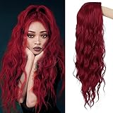 Beweig Long Curly Wavy Wine Red Wigs for Women Middle Part Natural Looking Cosplay Synthetic Fiber W