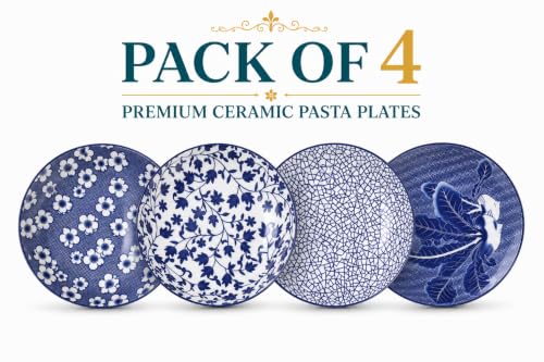 Image of Ceramic Pasta Plate, 20.4 cm Porcelain Dinner Plates, Microwave & Dishwasher Safe, Food Grade Ceramic, Deep Serving Plate for Pasta, Salad, Soup, Curry & Noodles (blue-and-white RANDOM MIX, PACK OF 4)