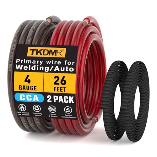 4 Gauge Wire Battery Cable - CCA 4 AWG Electrical Wire Extension Cord, 26FT Red & 26FT Black with Cable Sleeves, for Automotive Power Ground, Battery Cable, Car Audio, RV