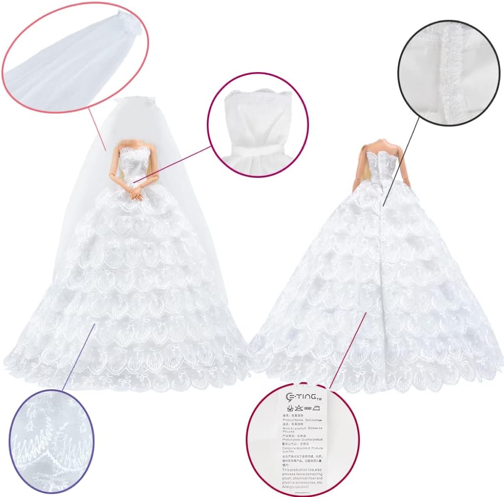 E-TING White Gorgeous Long Wedding Dress Princess Gown Clothes with Veil for 11.5 inch Dolls（Doll Not Included）