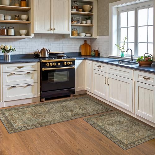 GENIMO Kitchen Mats for Floor Set of 3 Non-Slip Washable, Waterproof Lightweight Kitchen Rugs, Kitchen Floor Mat Runner Rug Carpet for Laundry, Sink, Hallway, Bathroom, Entryway, Brown Green