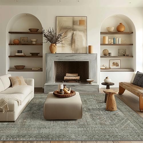 GENIMO 6x9 Area Rug for Living Room, Non Slip Machine Washable Low Pile Large Rug, Sage Indoor Vintage Lightweight for Bedroom, Dining Room & Home Office