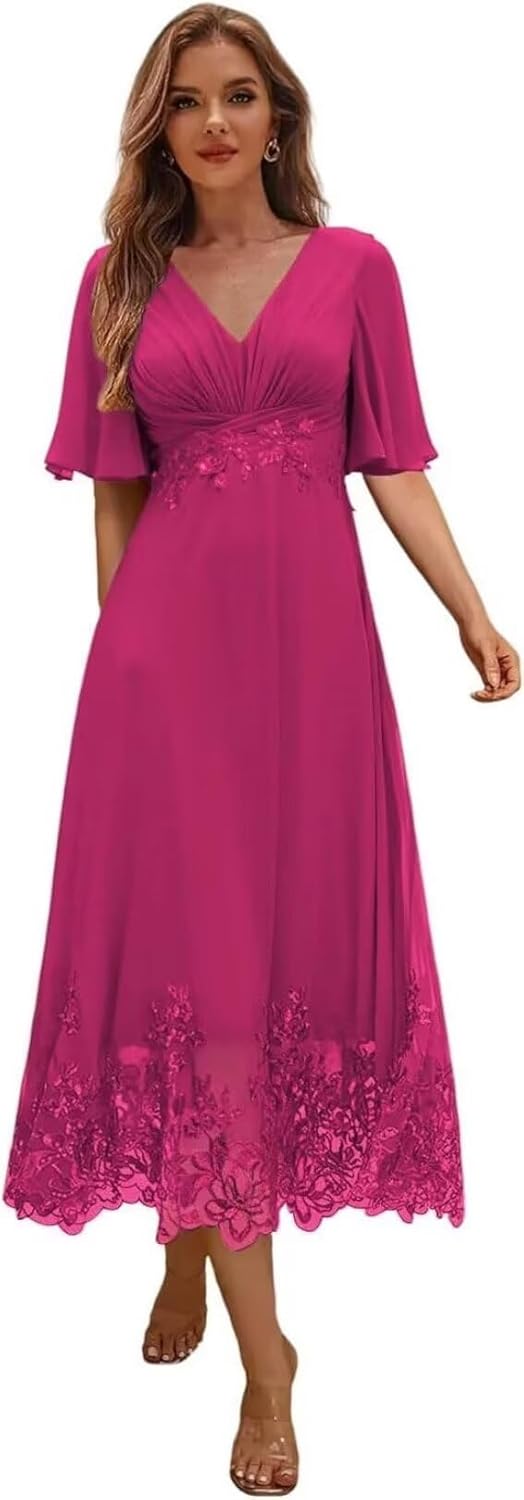 Floral Lace Mother of Bride Dresses Tea Length Wedding Dress for Women Guest Ruffles Sleeve Formal Evening Party Gown