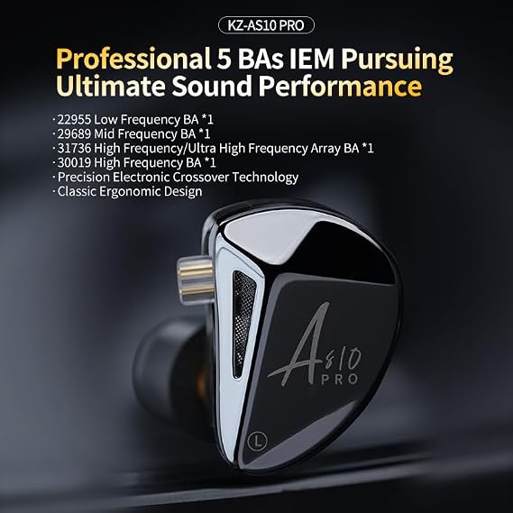 KZ AS10 PRO 5 BA lEM Earphones, 3.5mm Headphones,Earphones with Cord,Earbuds Wired (with mic, Black)