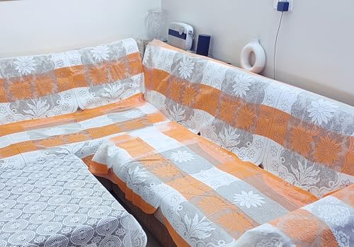 Image of Fab Nation Cotton L Shape Sofa Covers for 6 Seater Sofa Set | Sofa Slipcovers for 3 + 3 Seaters Cover with 2 Arms | Orange & White