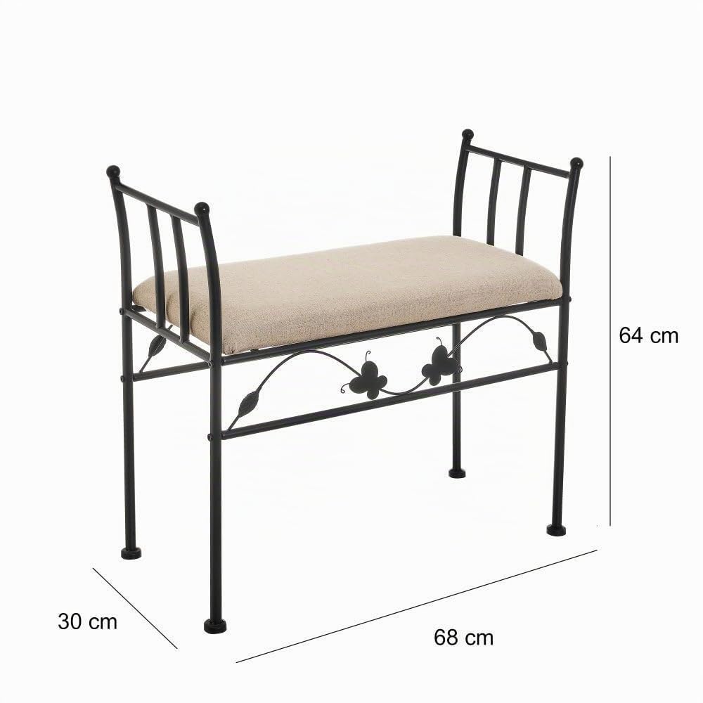 LOLAhome Banqueta para pie de Cama de Metal Negro y Asiento de Lino Beige | Taburete para dormitorio o vestidor de 68cm de largo y 30cm de ancho. Altura asiento 46cm. Altura total 64cm