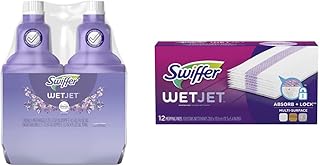 Swiffer WetJet Multi-Purpose Floor Cleaner Solution with Febreze Refill, Lavender Vanilla and Comfort Scent, 1.25 L (Pack of 2) & Wetjet Mopping Pad, Multi Surface Wet Cleaner Refills, 12 Count