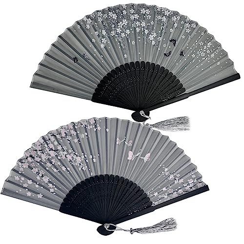 Ciomiliaro 2 x Folding Fans with Silk Fringe, Folding Fans, Bamboo Fan with Tassel, Hand Fan for Decoration Wedding Party Gift (Colours and Flowers at Random)