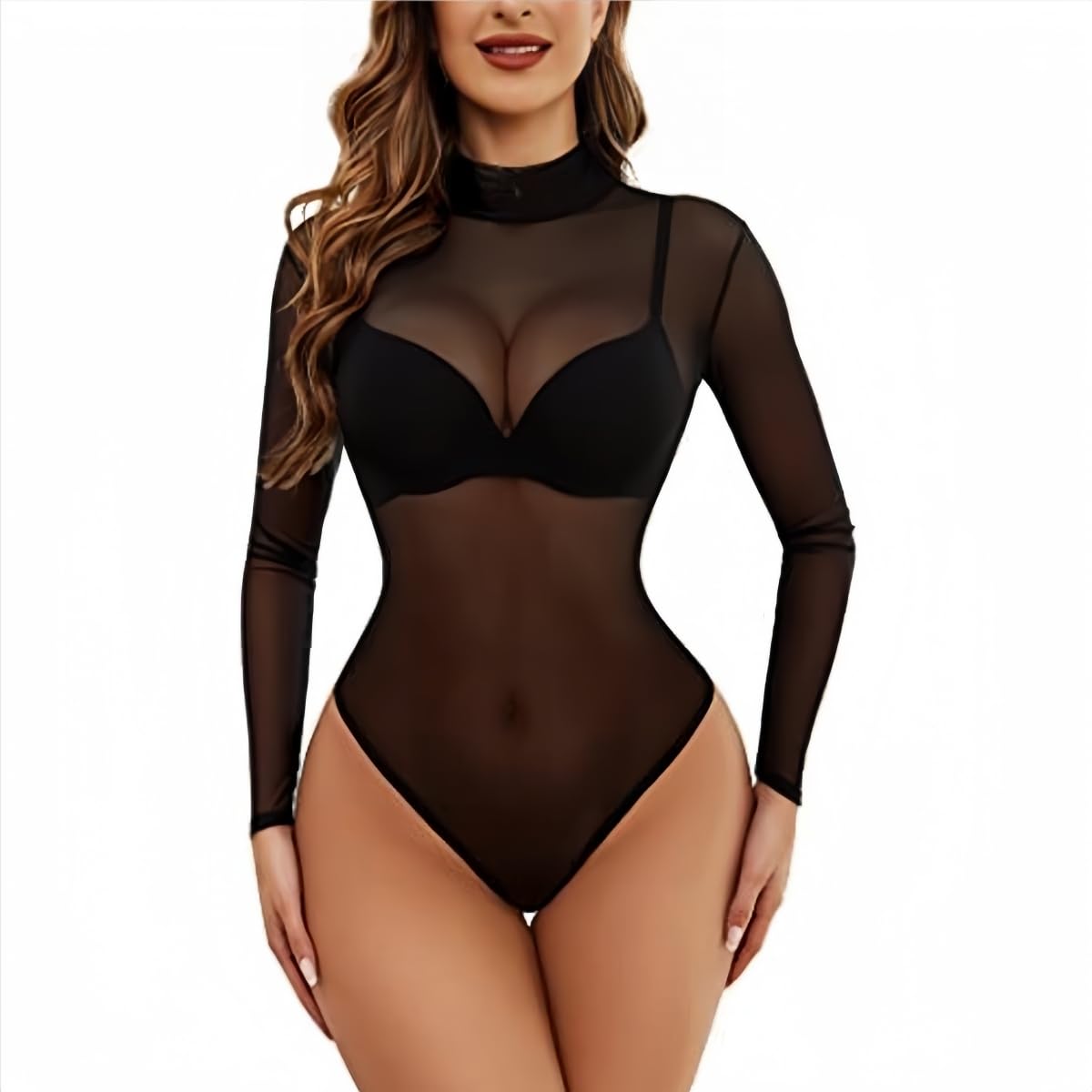 Samheng Women's Black Bodysuit Long Sleeve Sheer Mesh Body Suit Turtle Neck See Through Slim Fit Sexy Jumpsuit Leotard Top Clubwear, M