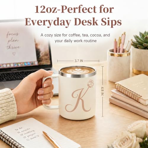 12oz Insulated Coffee Mug with Handle and Lid, Stainless Steel Spill Proof Travel Mugs, Personalized Monogrammed A-Z Floral Double Wall Tumbler for Home Office, Gifts for Women Mom Wife Her (K) - Image 3