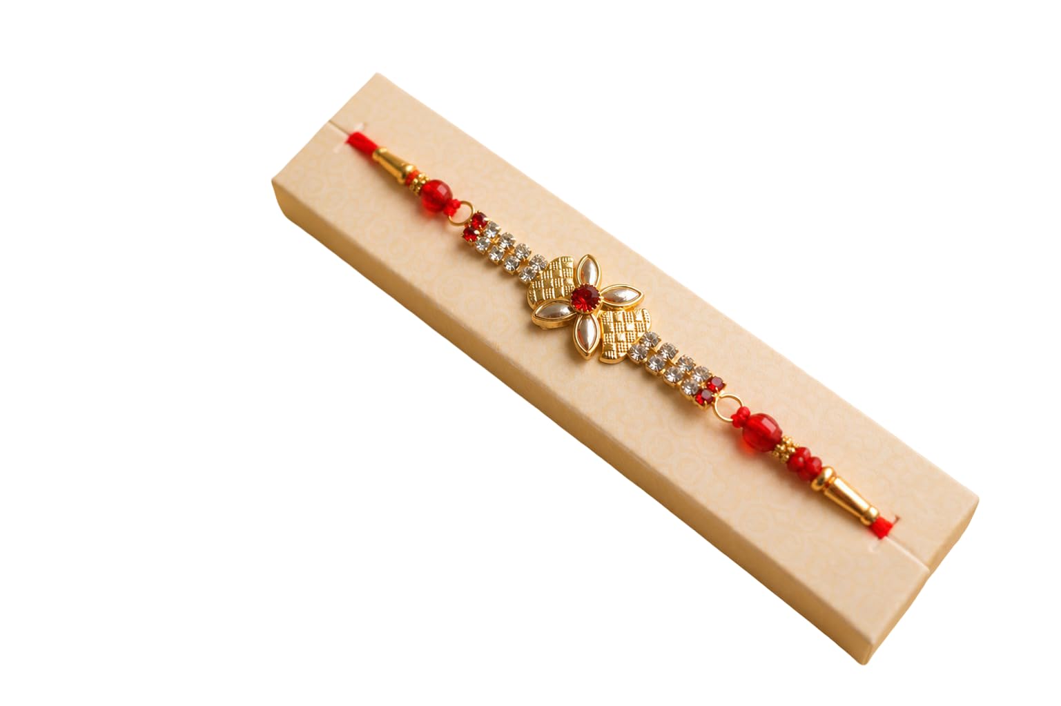 Premium Floral Designer Rakhi for Brother | Red Stone and Crystal-Studded Gold-Tone Rakhi with Decorative Red Beads-image-30