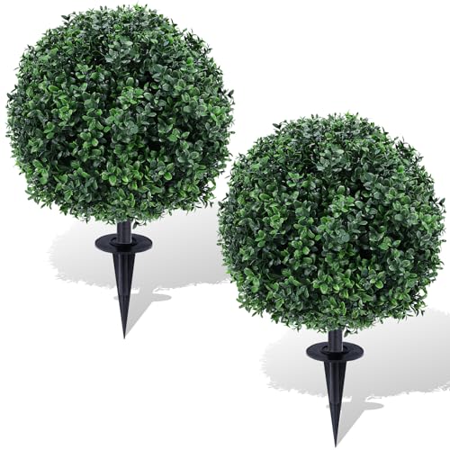 Artificial Boxwood Topiary Ball Trees with Ground Spikes UV Resistant Faux Greenery Shrubs Fake Shrubs for Outdoors, Realistic Faux Plants Bushes for Garden Porch Yard Patio Decor (Green Boxwood)